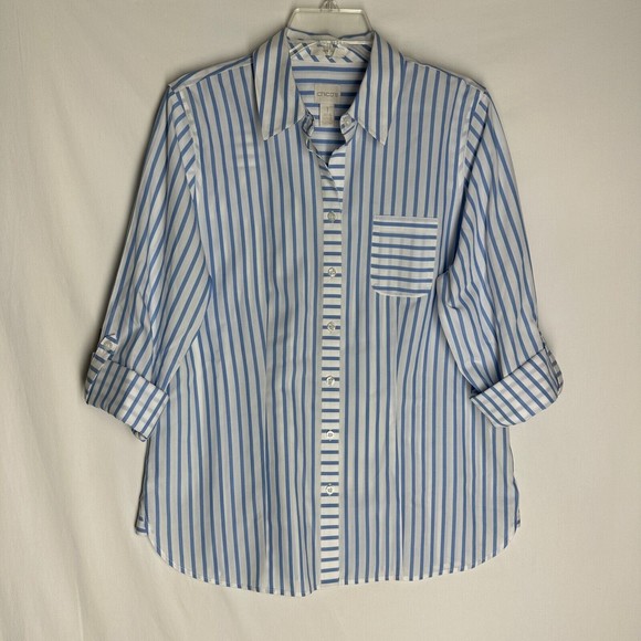 Chicos NO-IRON Button Up Shirt Blouse Size Medium Roll Sleeve Tap Cotton Striped - Picture 6 of 8